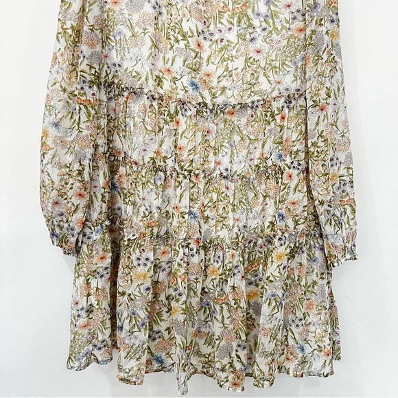 Floral Mini Dress Smocked Neck Tiered Sheer Long Sleeve Lined Multicolored - Picture 8 of 12